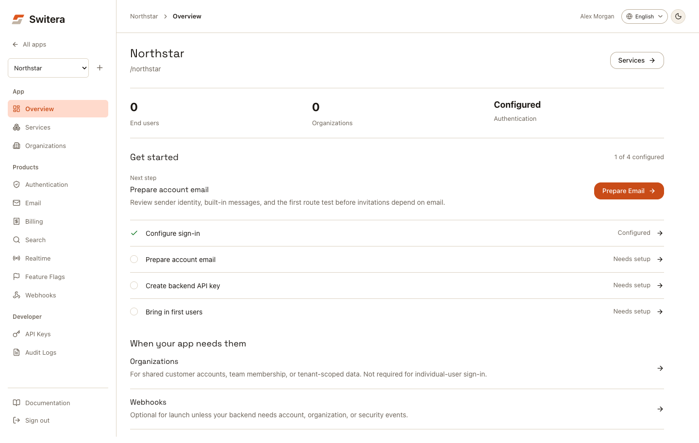 Switera app overview with setup state and next actions