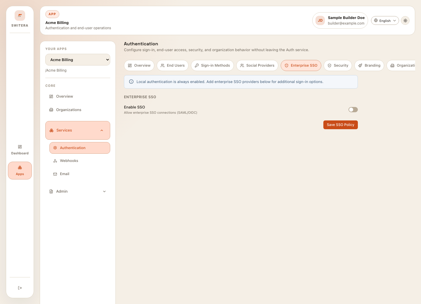Switera enterprise SSO page with SSO policy controls