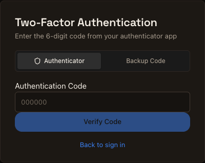 Hosted two-factor authentication with authenticator and backup-code methods and an empty code input