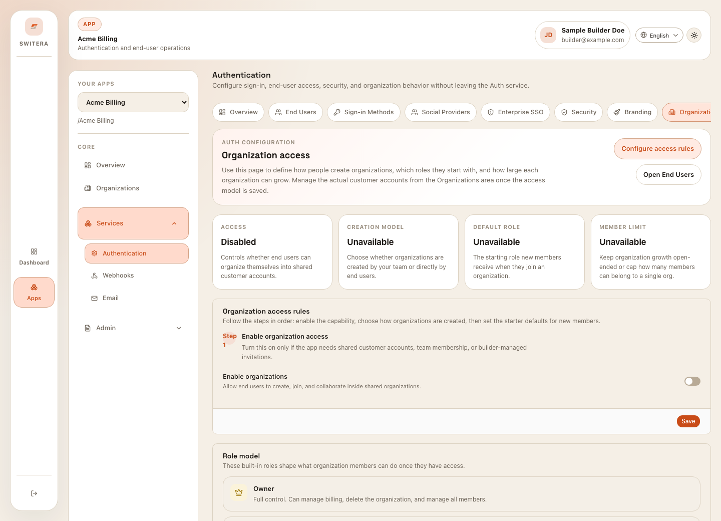 Switera organization access settings for Auth