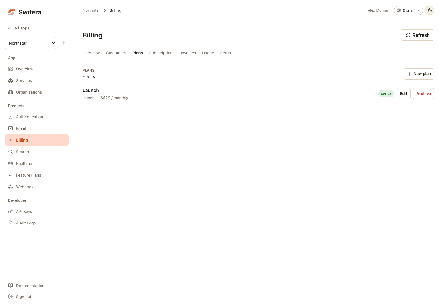 Switera Billing Plans view with an active plan and New plan action