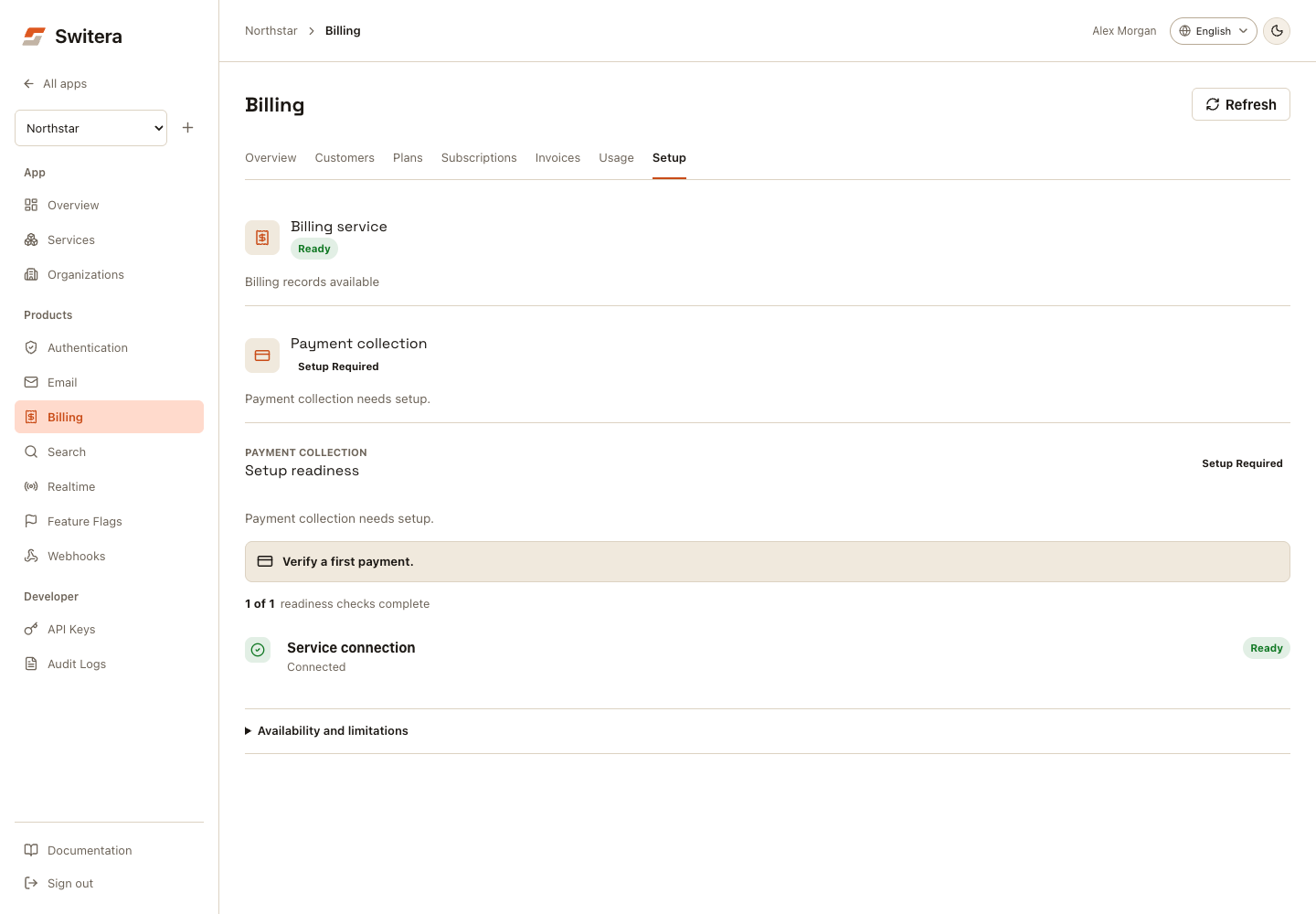 Switera Billing Setup view with payment collection checks