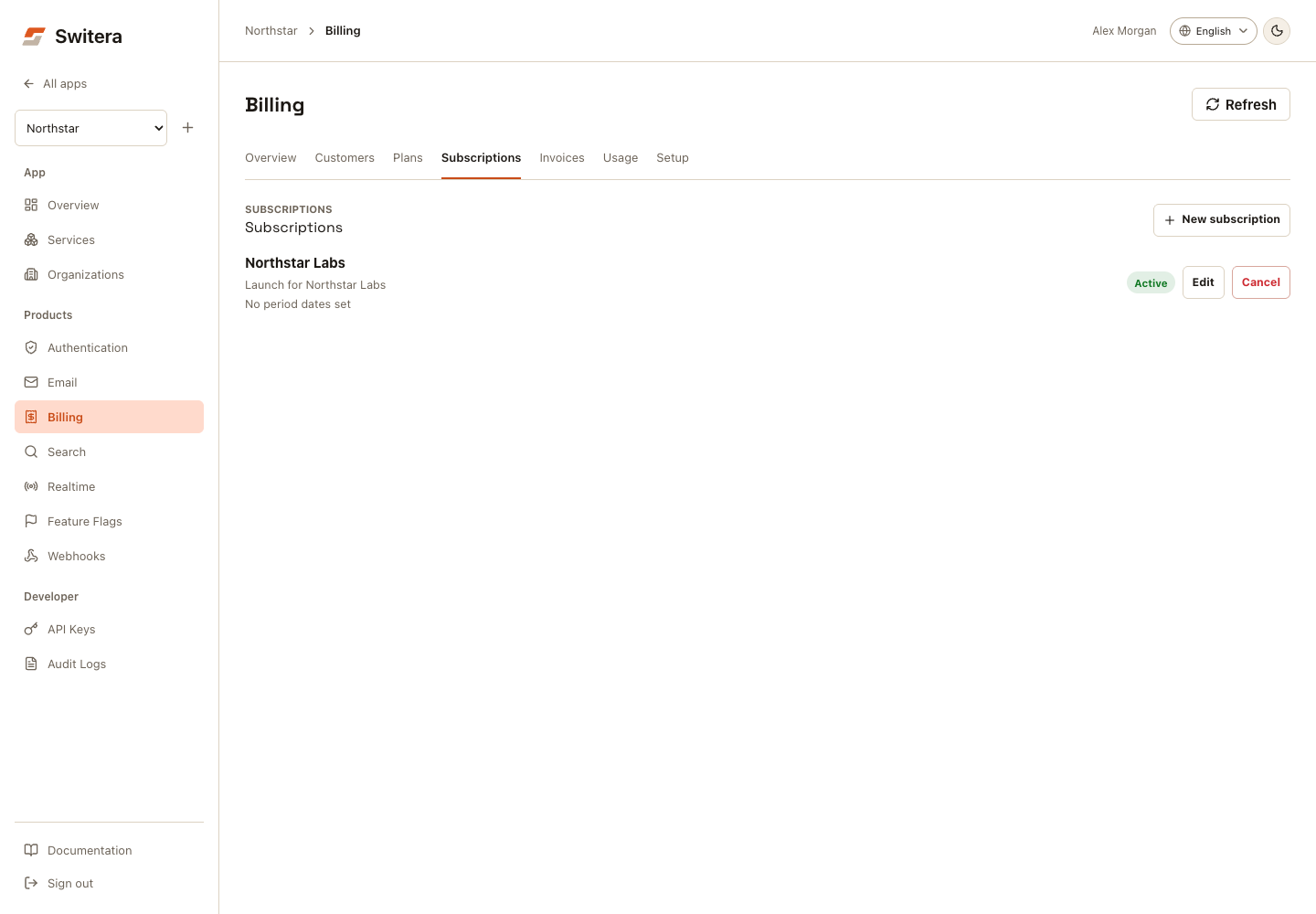 Switera Billing Subscriptions view with an active organization subscription