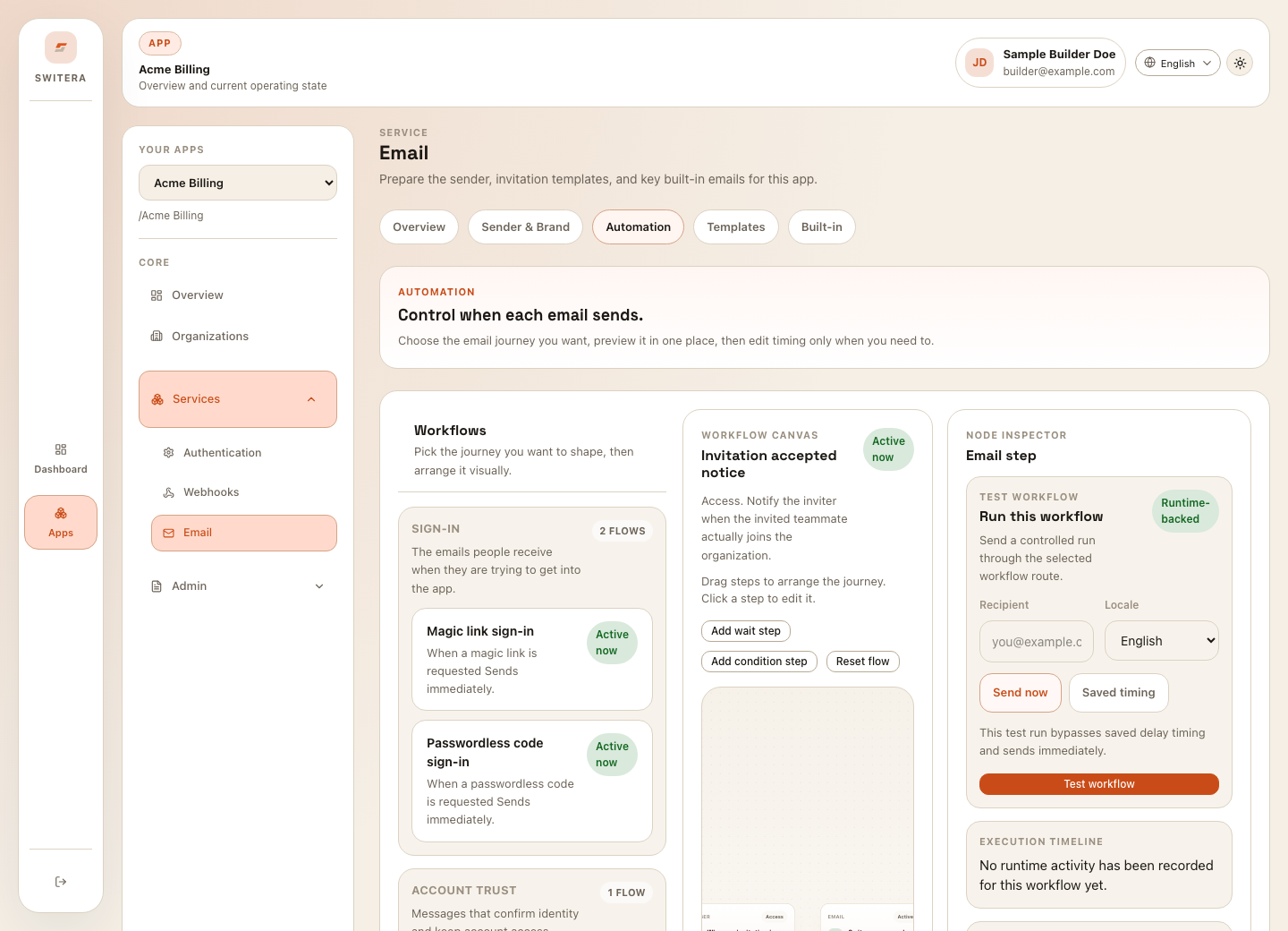 Switera email automation workflows and timing controls