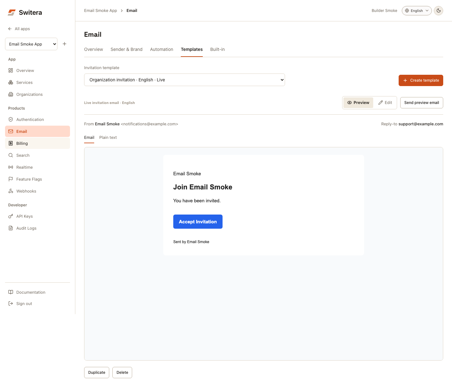 Invitation template selector above a full-width email preview