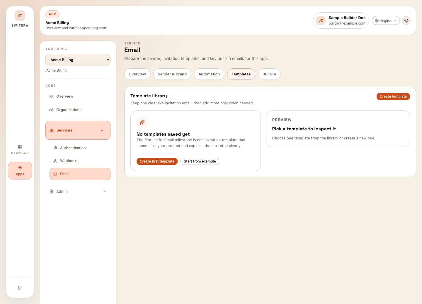 Switera email template library with empty-state actions