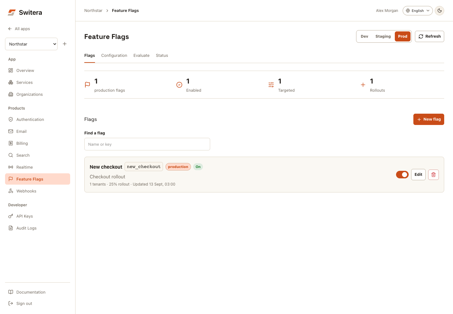 Switera Feature Flags list with environment selector, name and key search, and separate configuration and evaluation views