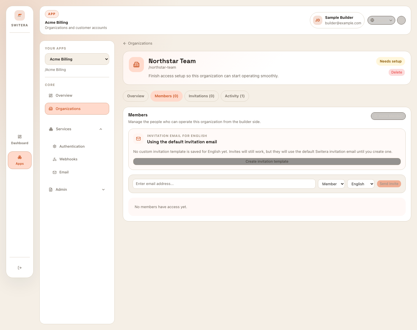 Switera organization member invite form with role and locale controls