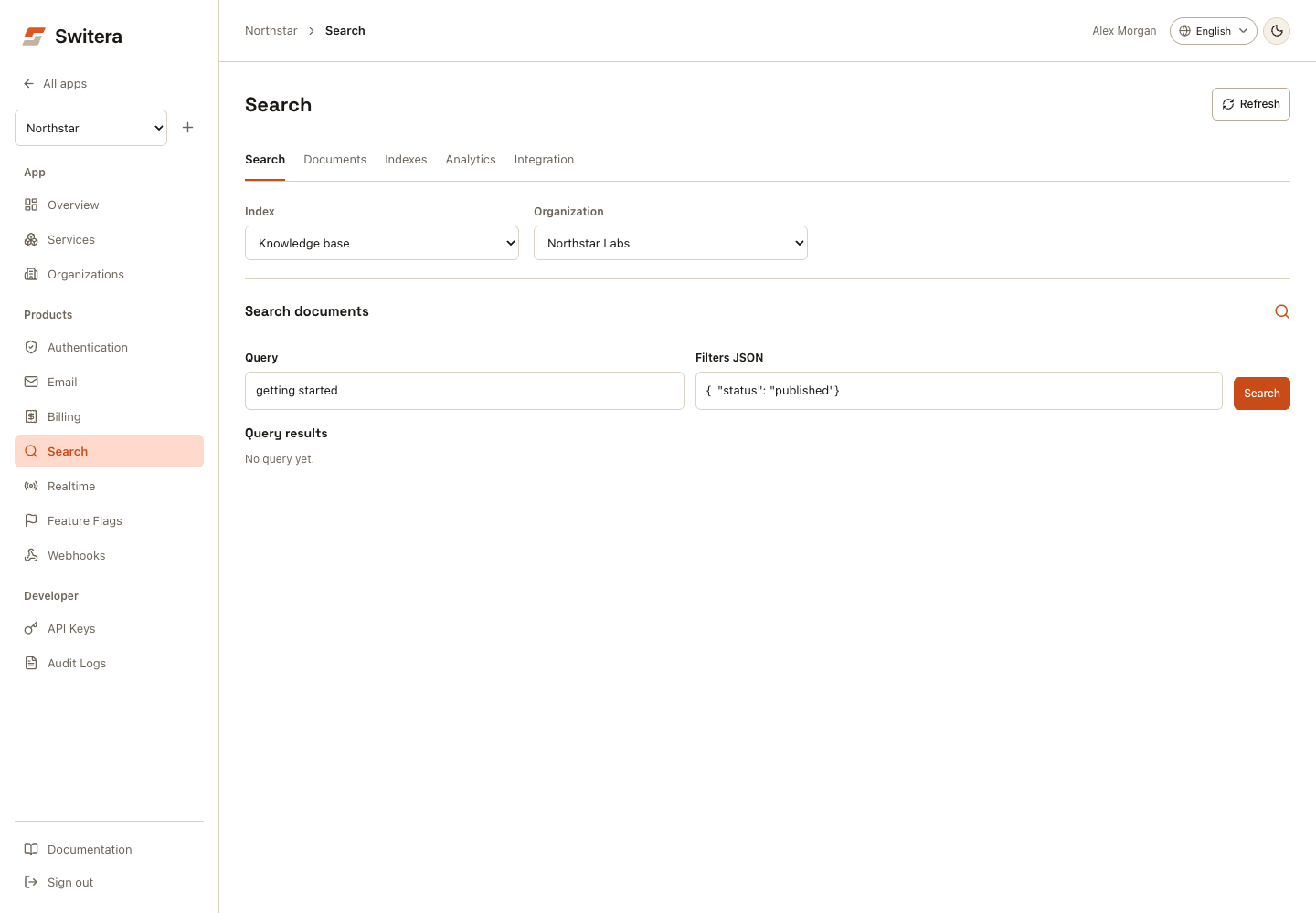 Search workspace with shared index and organization selectors and a focused query form