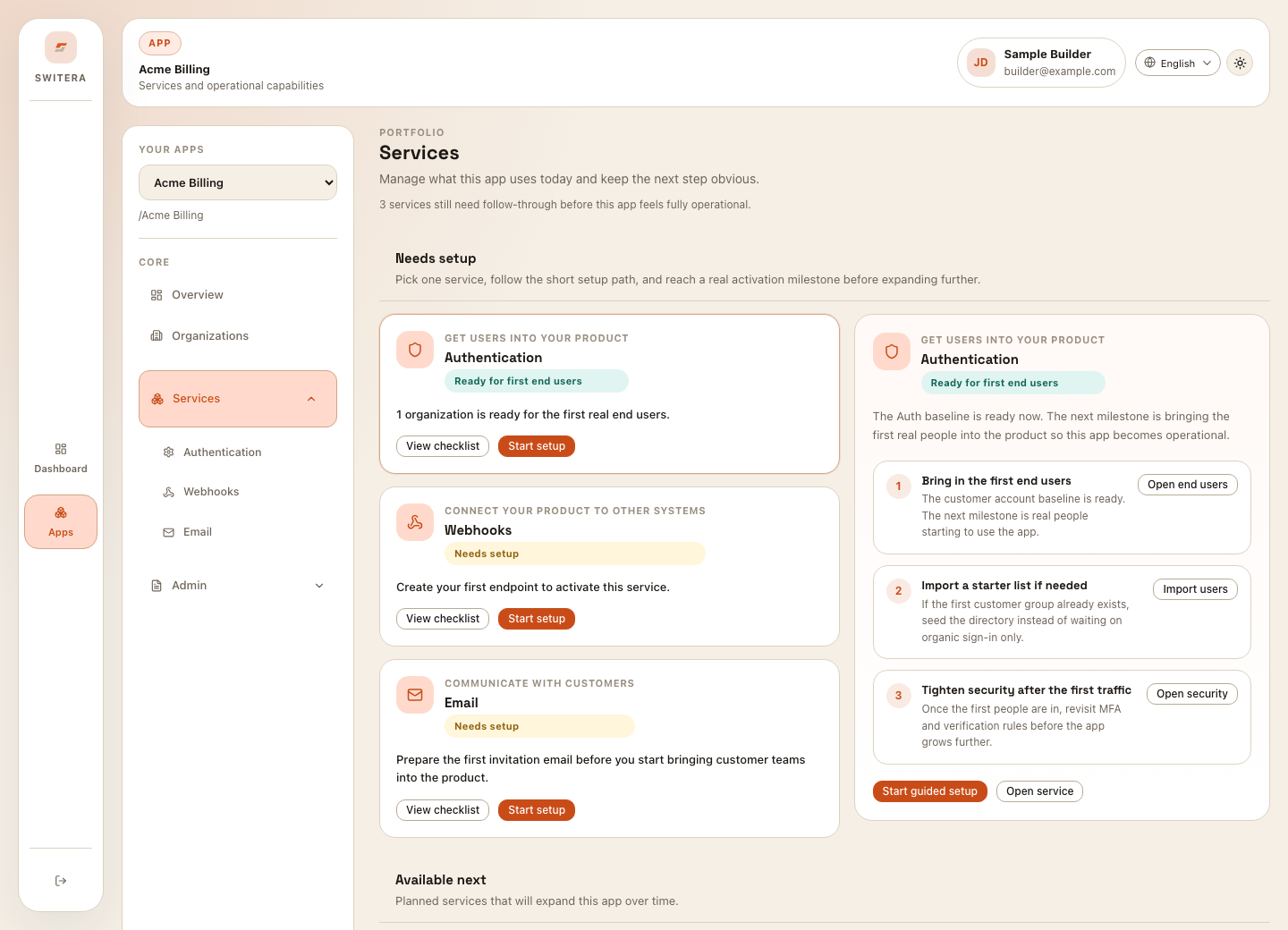 Switera Services overview page showing app services and setup states