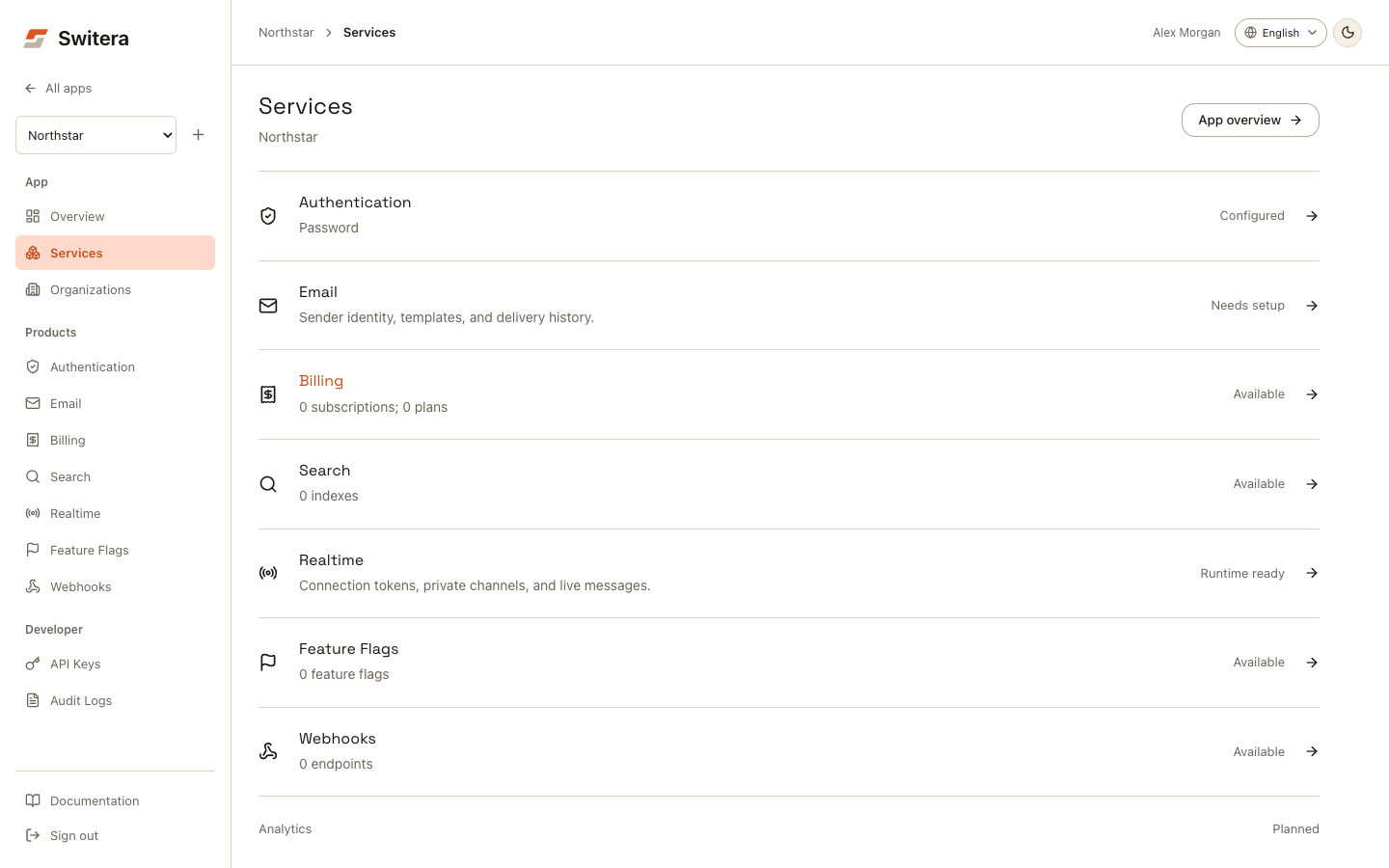 Switera Services overview page showing app services and setup states