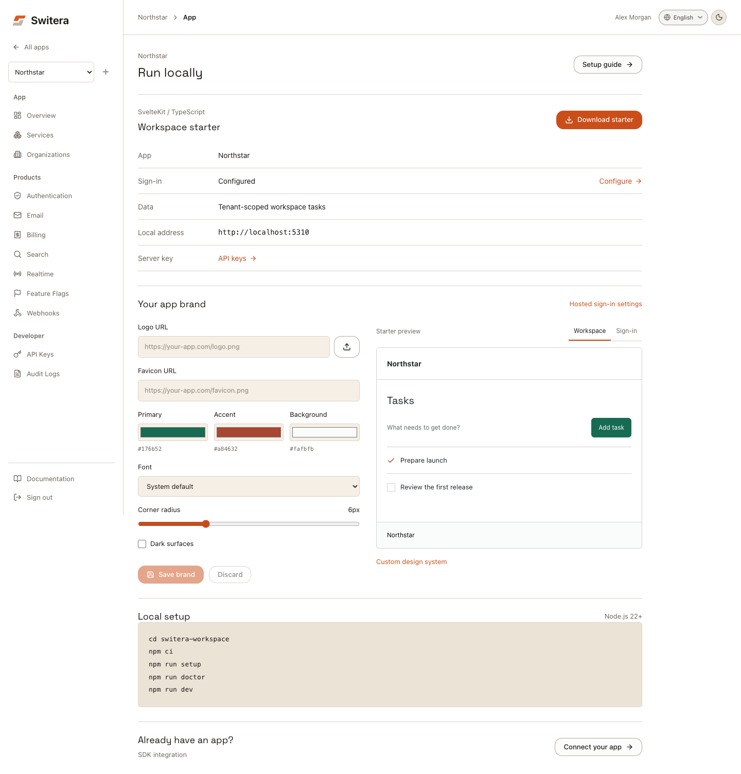 Switera Run locally with saved app branding controls and a customer workspace preview