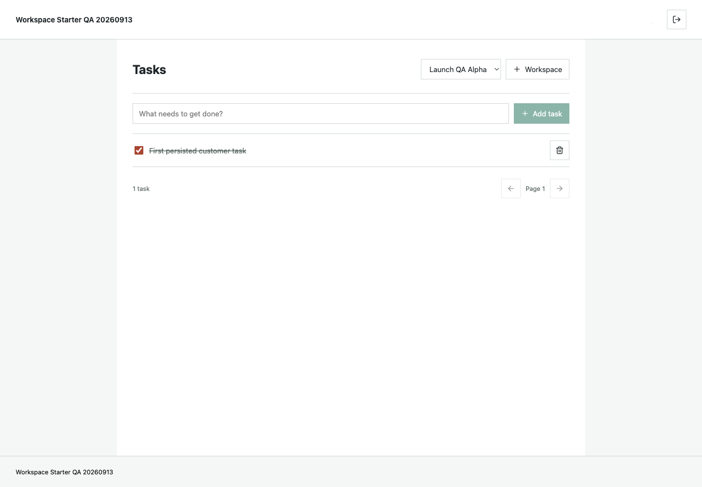 A customer-branded local QA workspace with a persisted, completed task