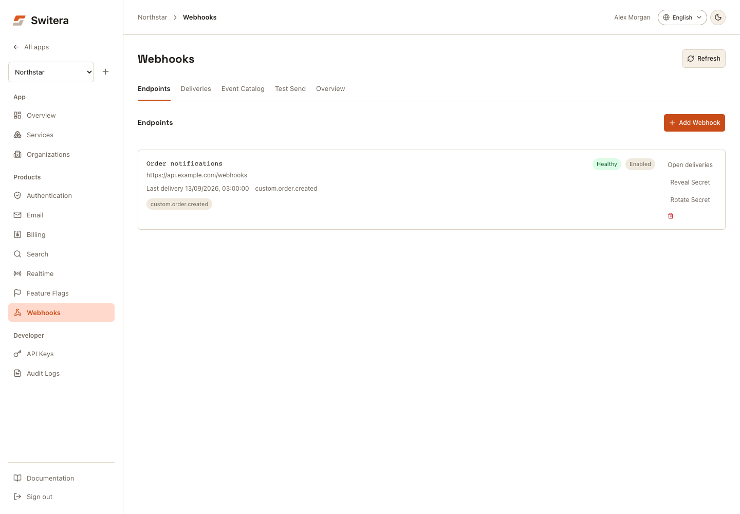 Switera Webhooks opening on endpoints with separate deliveries, event catalog, test send, and overview views